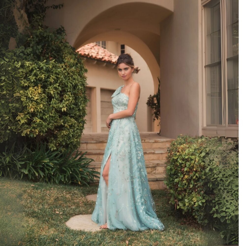 Mac Duggal 11177 Size 8 Sage Green Embellished Bow One Shoulder Aline Gown Dress - Picture 3 of 6